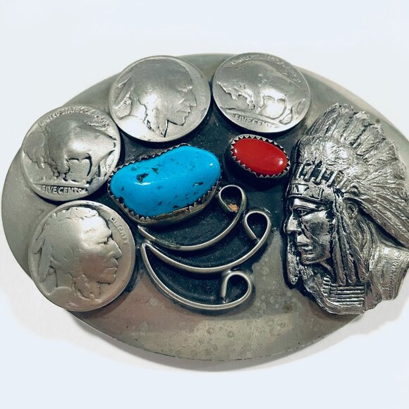 A Native American Buffalo Nickels Coin Chief Portrait Coral...